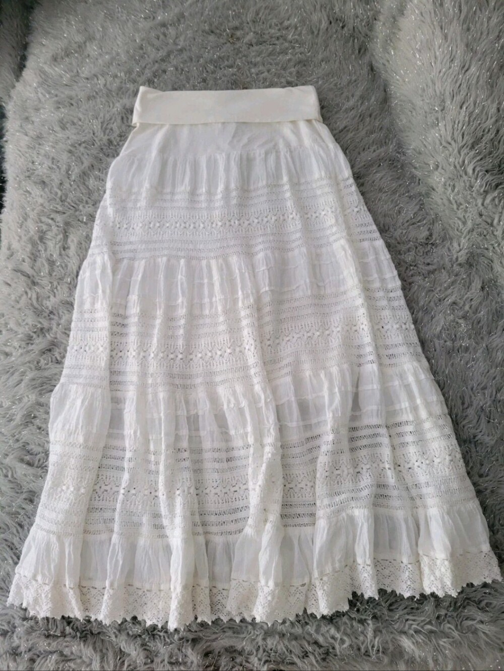 Vintage Y2k White Tiered Gauzy Maxi Skirt Fold Over Waist Crochet Lace Boho S - Picture 3 of 9